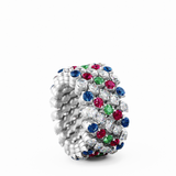 Serafino Consoli Multi-Sized & Color 5-Row, Full 4-Point 18k White Gold - Diamond, Sapphire, Ruby & Tzavorite Ring